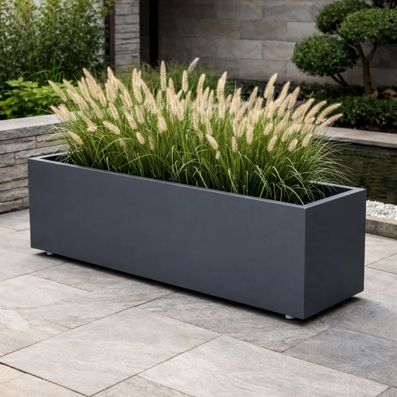 GARDRA Jardinière en polyester grise noire avec roulettes 200x50x60 cm RAL 7021