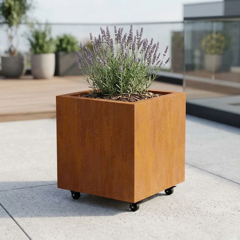 Jardinière en acier corten carrée avec roulettes 50x50x50 cm