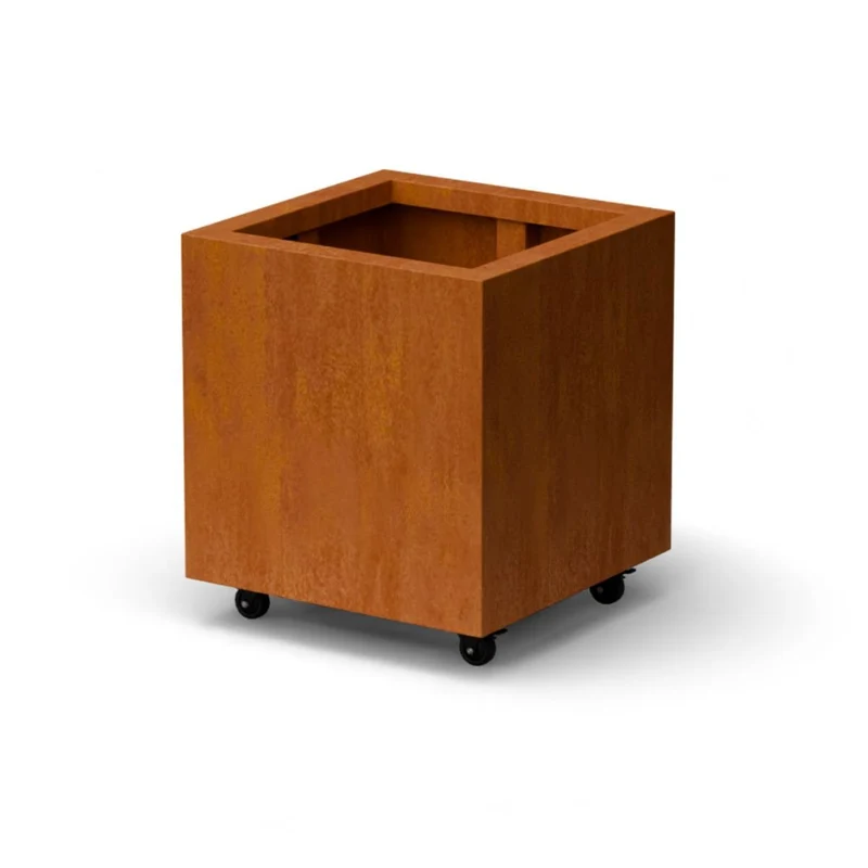 Jardinière en acier corten carrée avec roulettes 50x50x50 cm