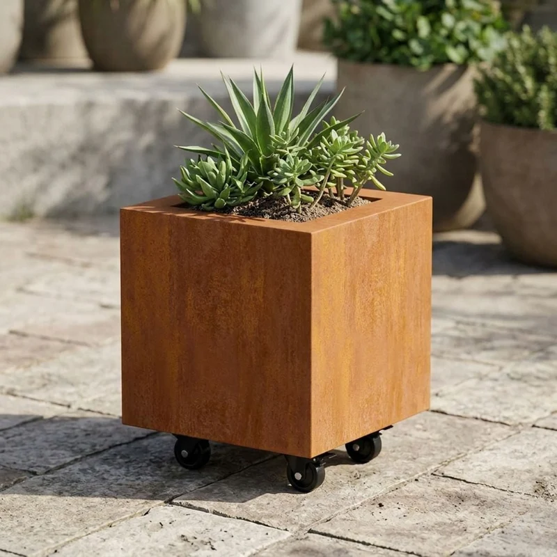 Jardinière en acier corten carrée avec roulettes 30x30x30 cm