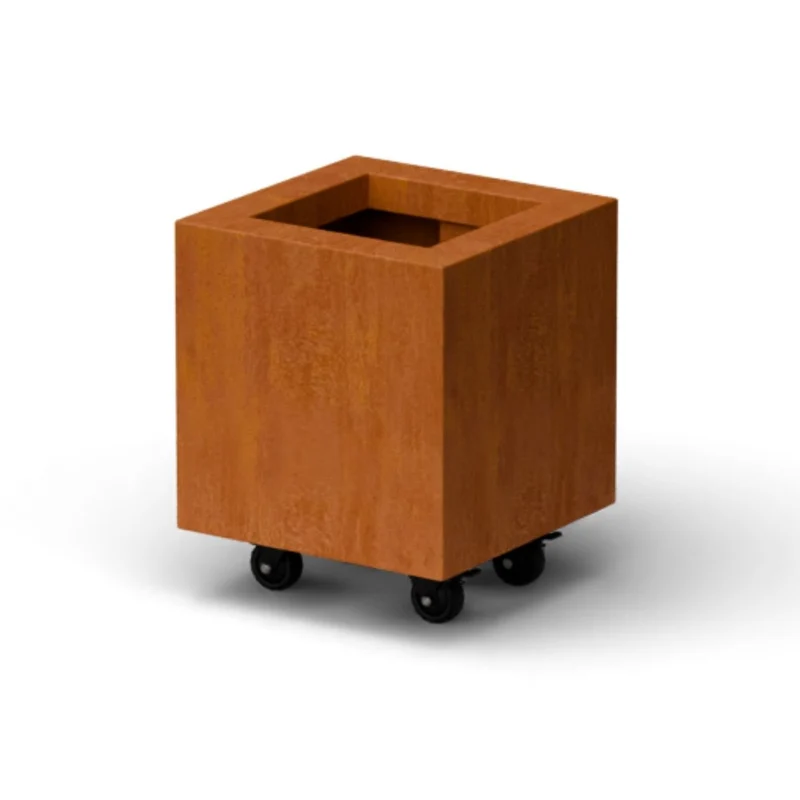 Jardinière en acier corten carrée avec roulettes 30x30x30 cm