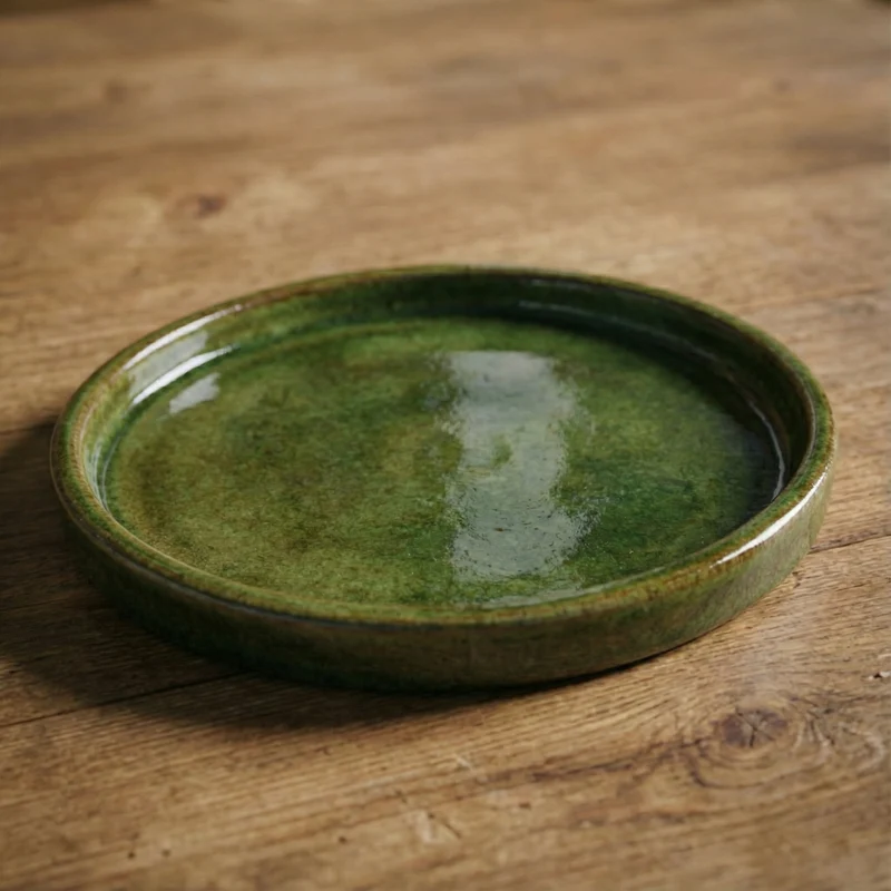 Soucoupe 28cm vert tropical faite à la main en terre cuite émaillée