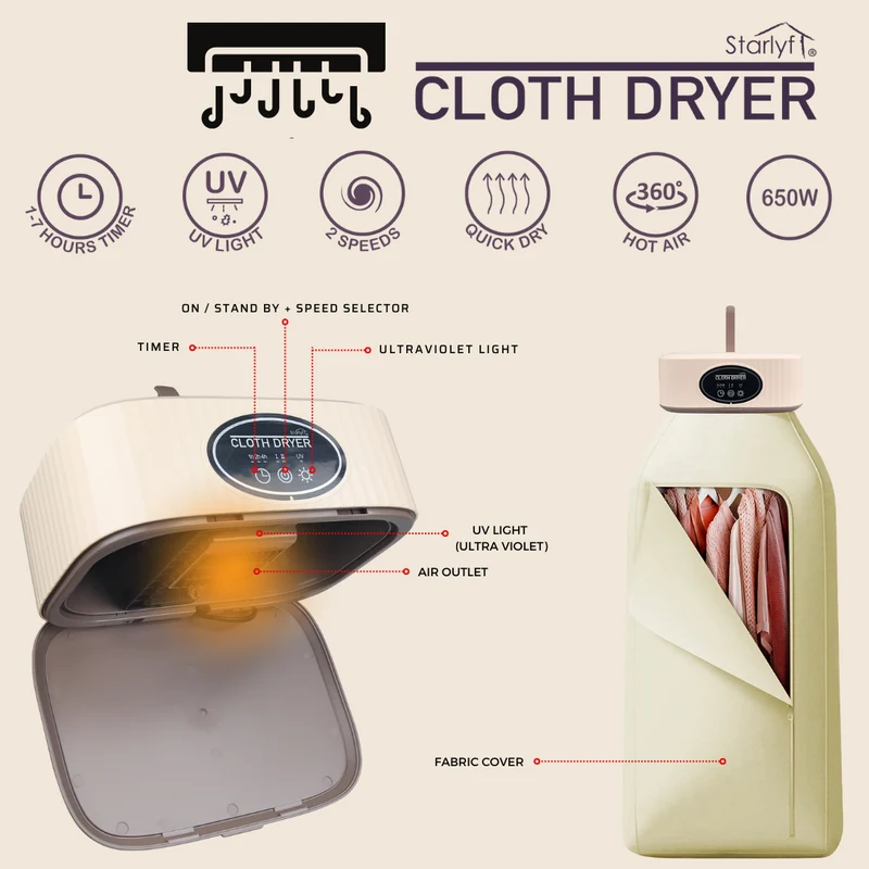 Cloth Dryer - Secadora de ropa portátil con temporizador, esterilizador y de bajo consumo