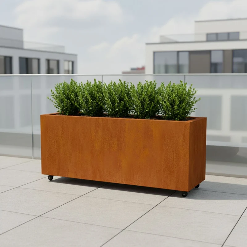 Jardinière en acier corten allongée avec roulettes 150x50x60 cm