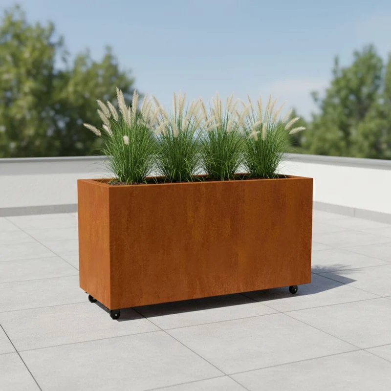 Jardinière en acier corten allongée avec roulettes 120x50x60 cm