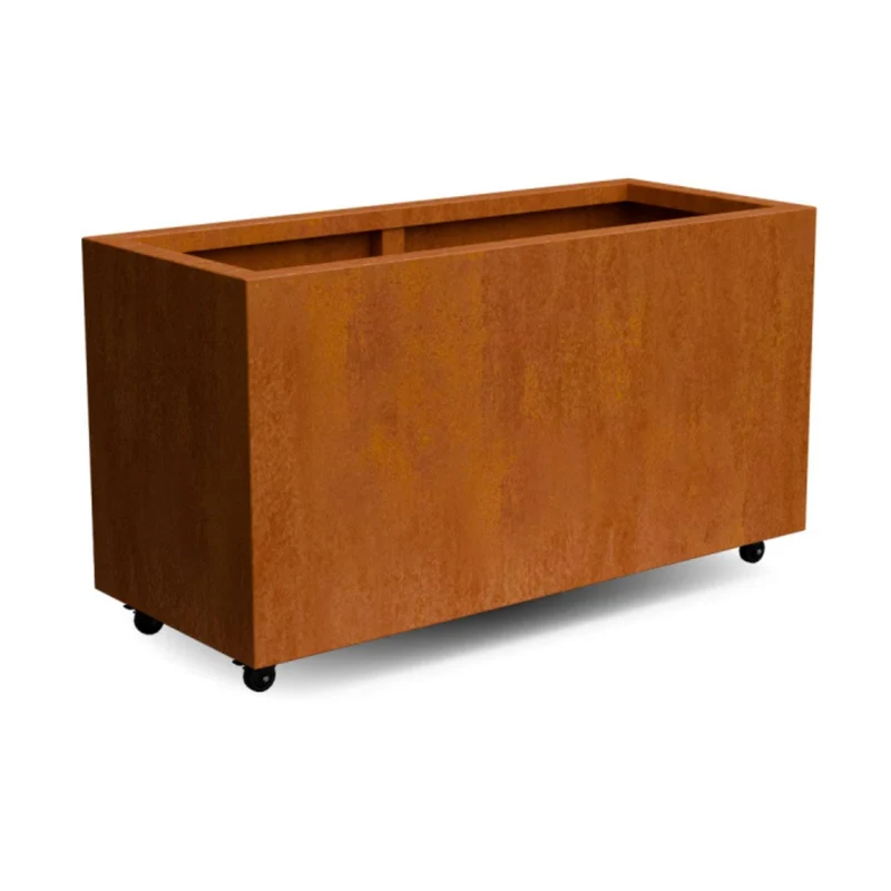 Jardinière en acier corten allongée avec roulettes 120x50x60 cm