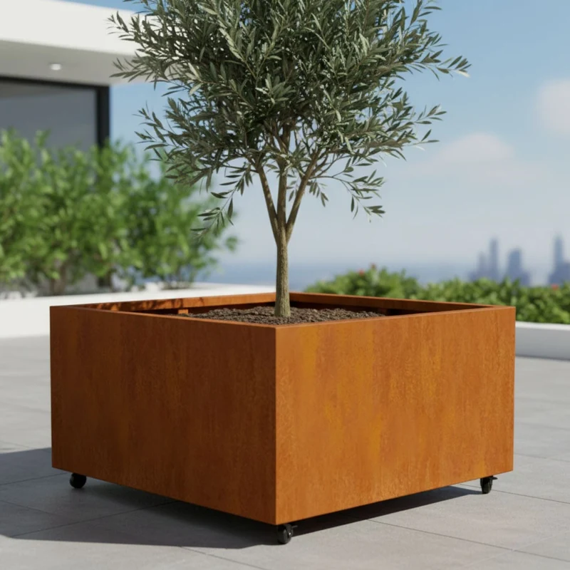 Jardinière en acier corten carrée avec roulettes 120x120x60 cm