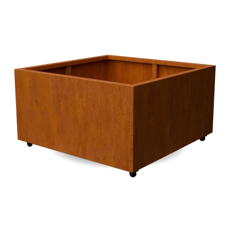 Jardinière en acier corten carrée avec roulettes 120x120x60 cm
