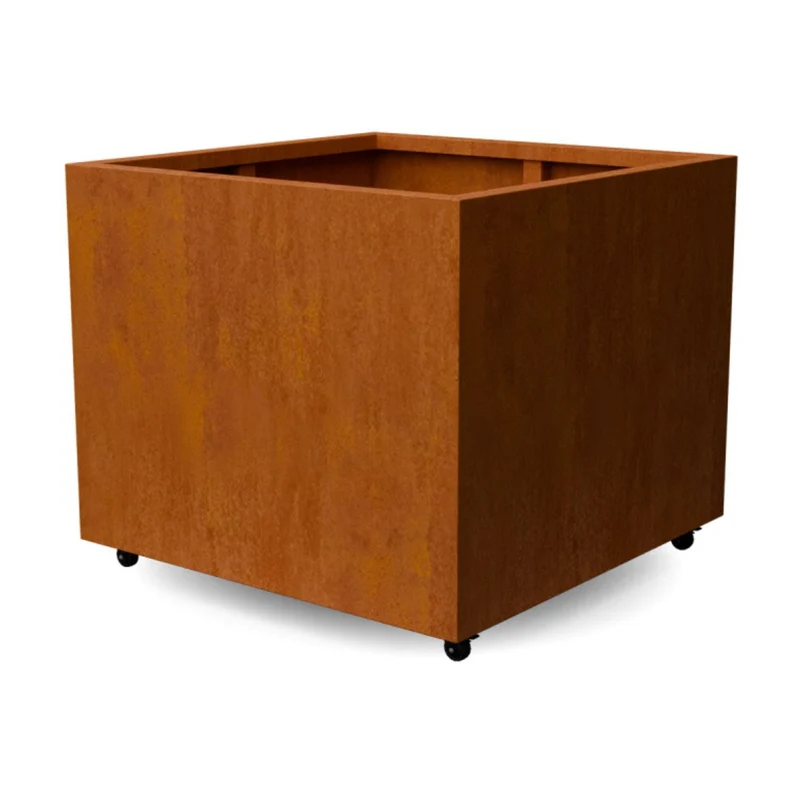 Jardinière en acier corten carrée avec roulettes 100x100x80 cm