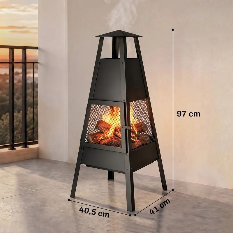 Outsunny Brasero Exterior con Chimenea Cónica, 41x40,5x97 cm, Brasero Exterior Jardín de Acero al Carbono con Malla Protectora, para Patio, Terraza, Camping, Fiesta, Negro
