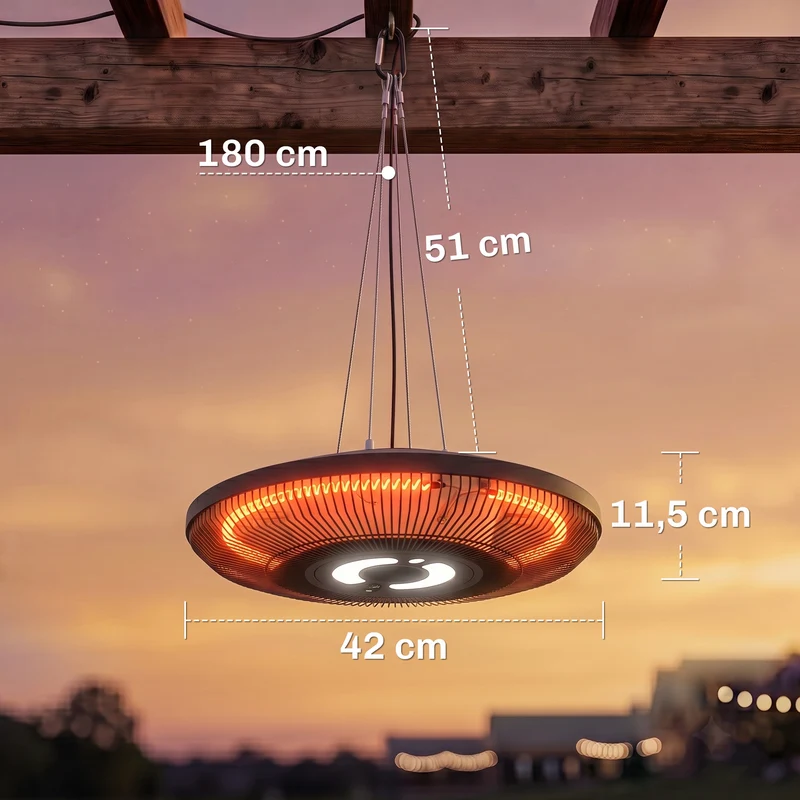 Outsunny Calefactor por Infrarrojos para Terraza Colgante 2000 W con Luz LED, Estufa Exterior Eléctrica con IP65, Control por Táctil/Mando a Distancia, 2 Niveles de Calor, Temporizador 24 h, Negro