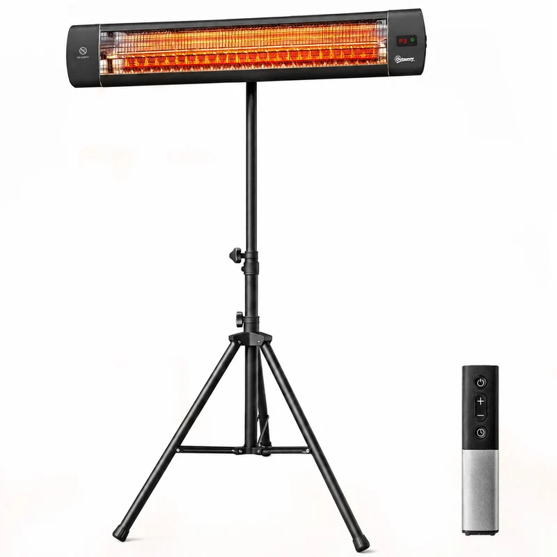 Outsunny Calefactor por Infrarrojos para Terraza 2500 W, Estufa Exterior Eléctrica de Pie de Aluminio con IP65, Trípode Regulable, 3 Niveles de Calor, Control Táctil/Remoto, Temporizador 24 H