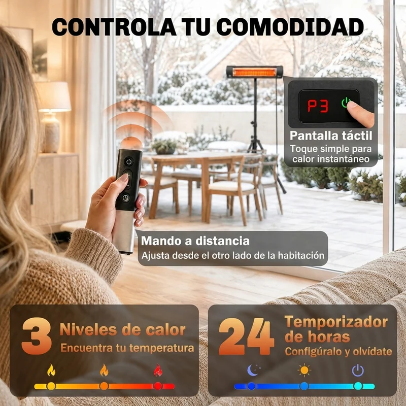 Outsunny Calefactor por Infrarrojos para Terraza 2500 W, Estufa Exterior Eléctrica de Pie de Aluminio con IP65, Trípode Regulable, 3 Niveles de Calor, Control Táctil/Remoto, Temporizador 24 H