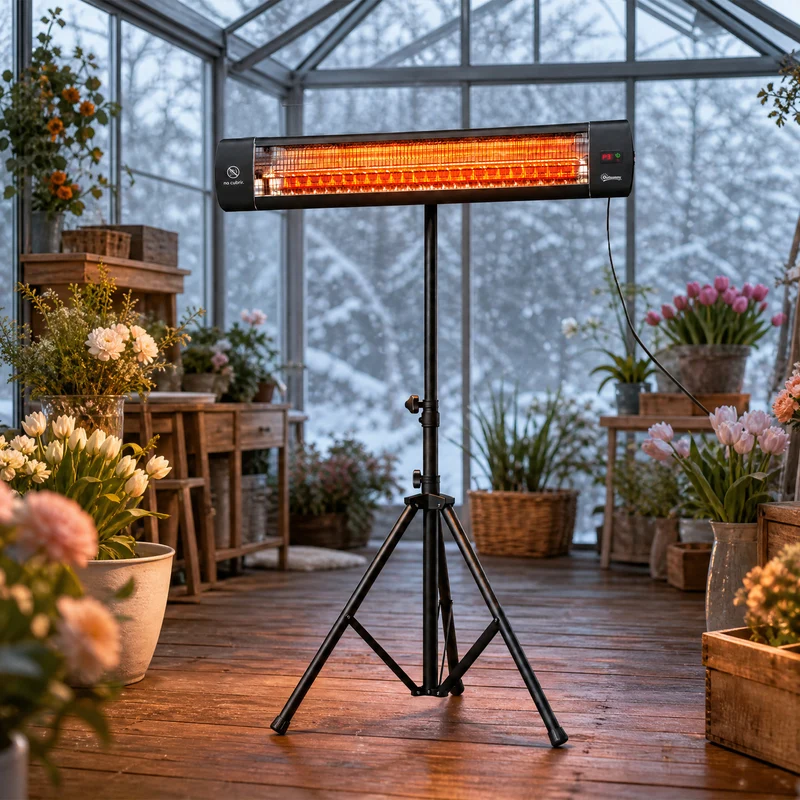 Outsunny Calefactor por Infrarrojos para Terraza 2500 W, Estufa Exterior Eléctrica de Pie de Aluminio con IP65, Trípode Regulable, 3 Niveles de Calor, Control Táctil/Remoto, Temporizador 24 H