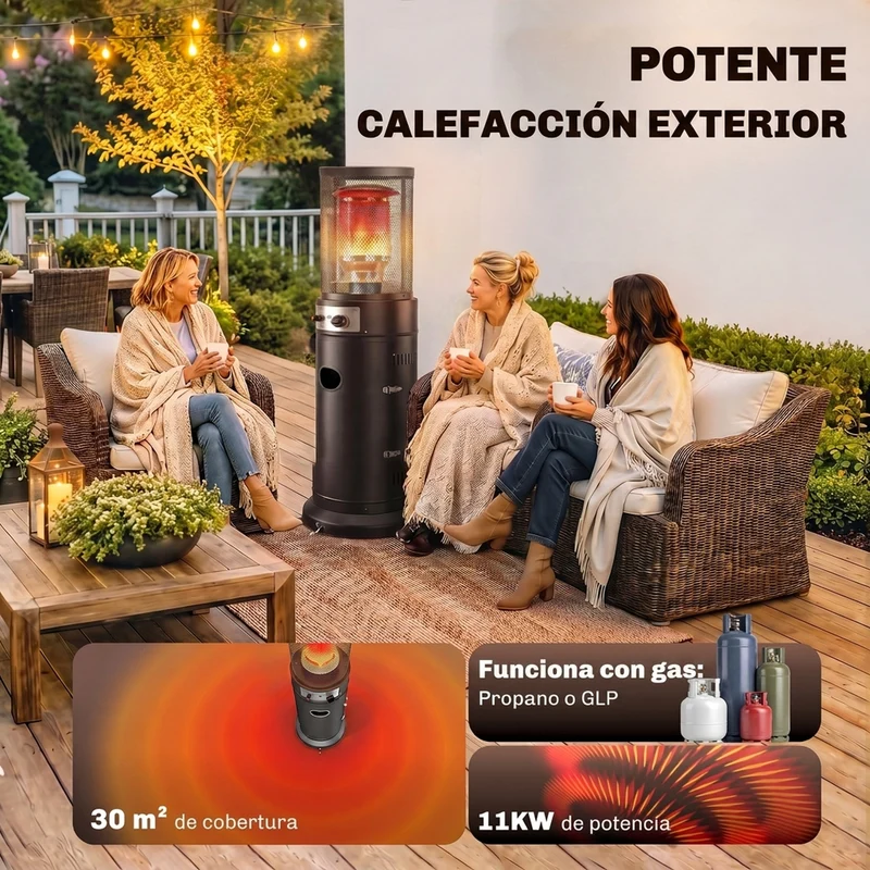 Outsunny Estufa de Gas Exterior, 11 kW, Calefactor de Gas para Terraza Portátil con Regulación Continua, Encendido por Impulsos, Rejilla Protectora, Antivuelco y Ruedas para Propano y GLP 30 m², Negro