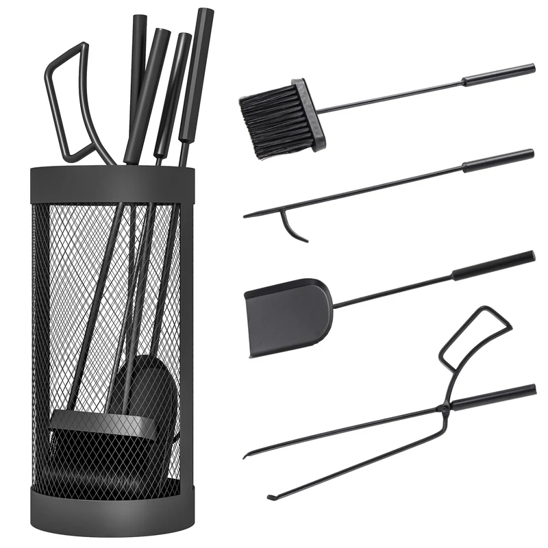 Outsunny Juego Utensilios Chimenea de 5 Piezas, Juego de Accesorios para Chimenea de Metal con Escoba, Pala, Tenazas, Atizador y Soporte, Ø16x33,5 cm, Negro
