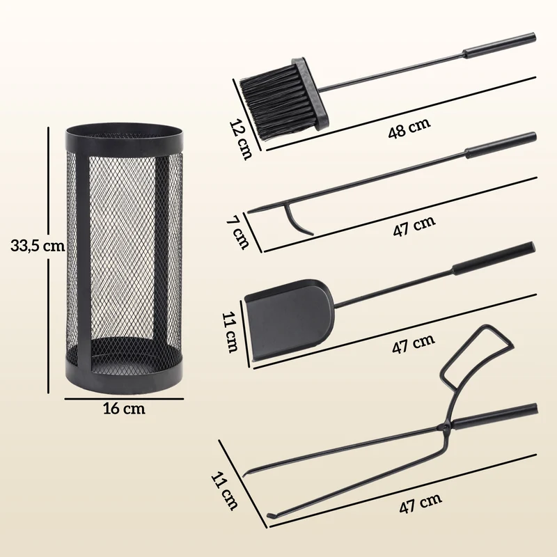 Outsunny Juego Utensilios Chimenea de 5 Piezas, Juego de Accesorios para Chimenea de Metal con Escoba, Pala, Tenazas, Atizador y Soporte, Ø16x33,5 cm, Negro