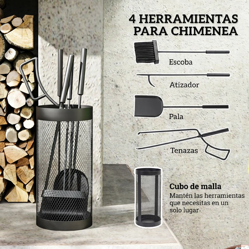 Outsunny Juego Utensilios Chimenea de 5 Piezas, Juego de Accesorios para Chimenea de Metal con Escoba, Pala, Tenazas, Atizador y Soporte, Ø16x33,5 cm, Negro