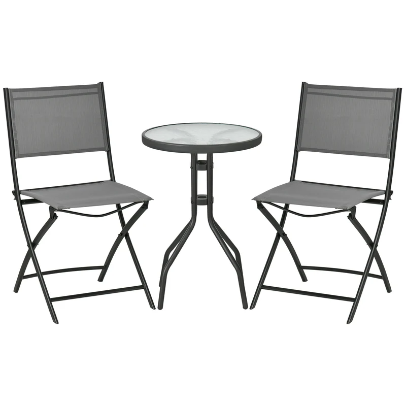 Outsunny Conjunto de Muebles de Jardín 3 Piezas Set de Muebles Exterior Incluye Mesa con Encimera de Vidrio Templado y 2 Sillones Plegable con Respaldo y Asiento de Texteline Gris