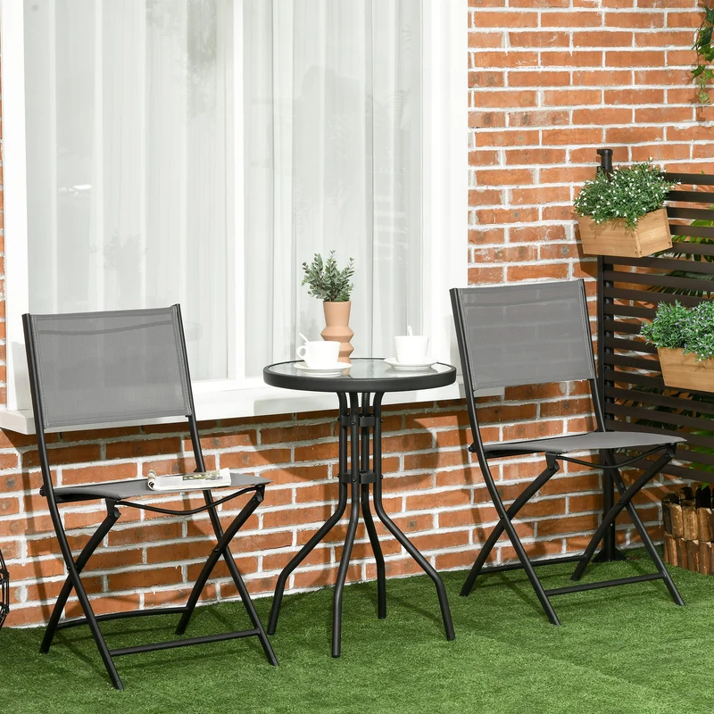 Outsunny Conjunto de Muebles de Jardín 3 Piezas Set de Muebles Exterior Incluye Mesa con Encimera de Vidrio Templado y 2 Sillones Plegable con Respaldo y Asiento de Texteline Gris