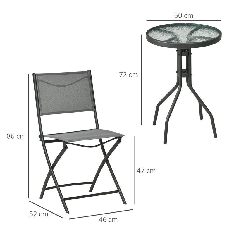Outsunny Conjunto de Muebles de Jardín 3 Piezas Set de Muebles Exterior Incluye Mesa con Encimera de Vidrio Templado y 2 Sillones Plegable con Respaldo y Asiento de Texteline Gris