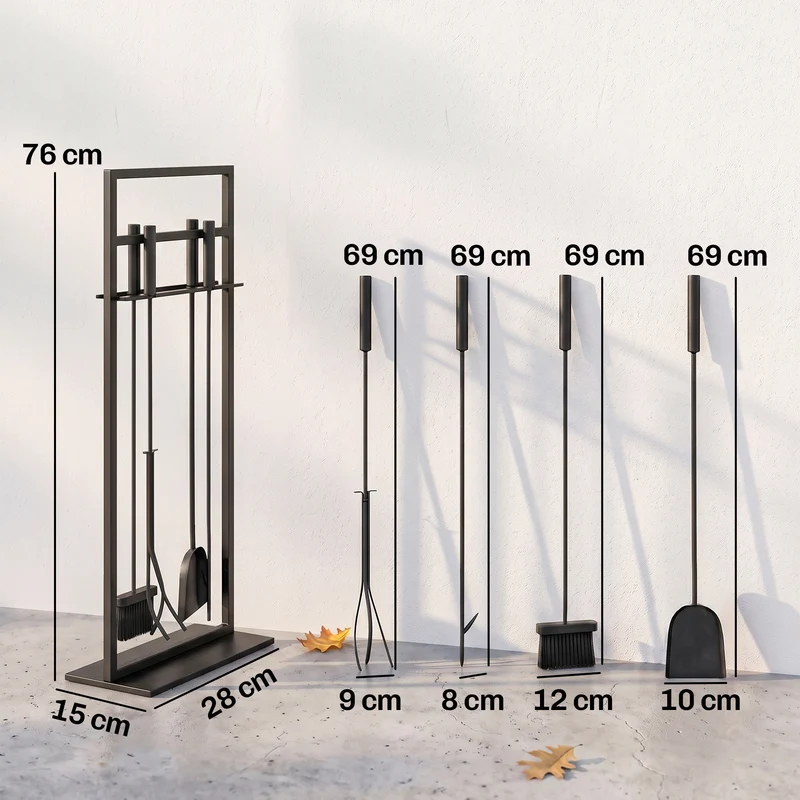 Outsunny Juego Utensilios Chimenea de 5 Piezas, Juego de Accesorios para Chimenea de Metal con Cepillo, Pala, 1 Par de Pinzas, Atizador y Soporte, 28x15x76 cm, Negro