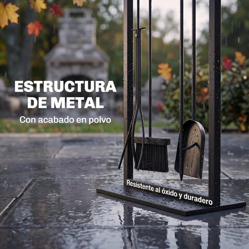 Outsunny Juego Utensilios Chimenea de 5 Piezas, Juego de Accesorios para Chimenea de Metal con Cepillo, Pala, 1 Par de Pinzas, Atizador y Soporte, 28x15x76 cm, Negro