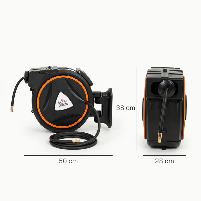 HOMCOM Carrete de Manguera de Aire Comprimido Automático de 20 m+2 m, Conector de 1/4'' BSP, Manguera Compresor Aire con Soporte para Pared Giratorio 180°, Negro