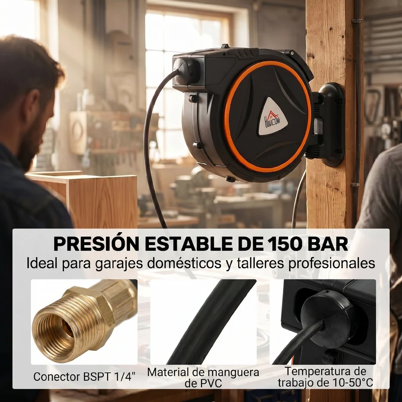 HOMCOM Carrete de Manguera de Aire Comprimido Automático de 20 m+2 m, Conector de 1/4'' BSP, Manguera Compresor Aire con Soporte para Pared Giratorio 180°, Negro