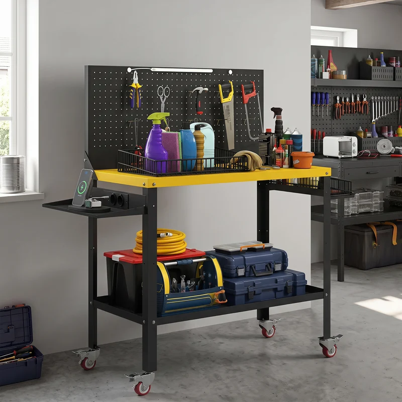 HOMCOM Banco de Trabajo con Panel Perforado y Ruedas, Mesa de Trabajo con Enchufes, USB, Luz LED y Estructura Metálica, Carga 300 kg, Banco para Garaje o Taller, 128x49,5x127,5 cm, Negro y Amarillo