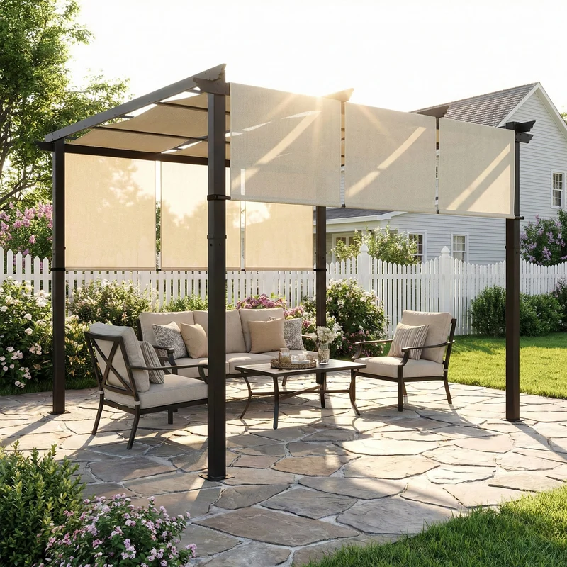 Outsunny Pérgola de Jardín 3x3 m Cenador para Exterior con Techo Retráctil Marco de Acero Impermeable y Anti-UV para Terraza Patio Beige