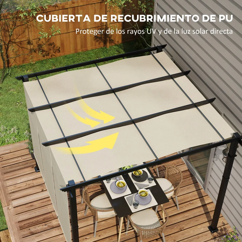 Outsunny Pérgola de Jardín 3x3 m Cenador para Exterior con Techo Retráctil Marco de Acero Impermeable y Anti-UV para Terraza Patio Beige