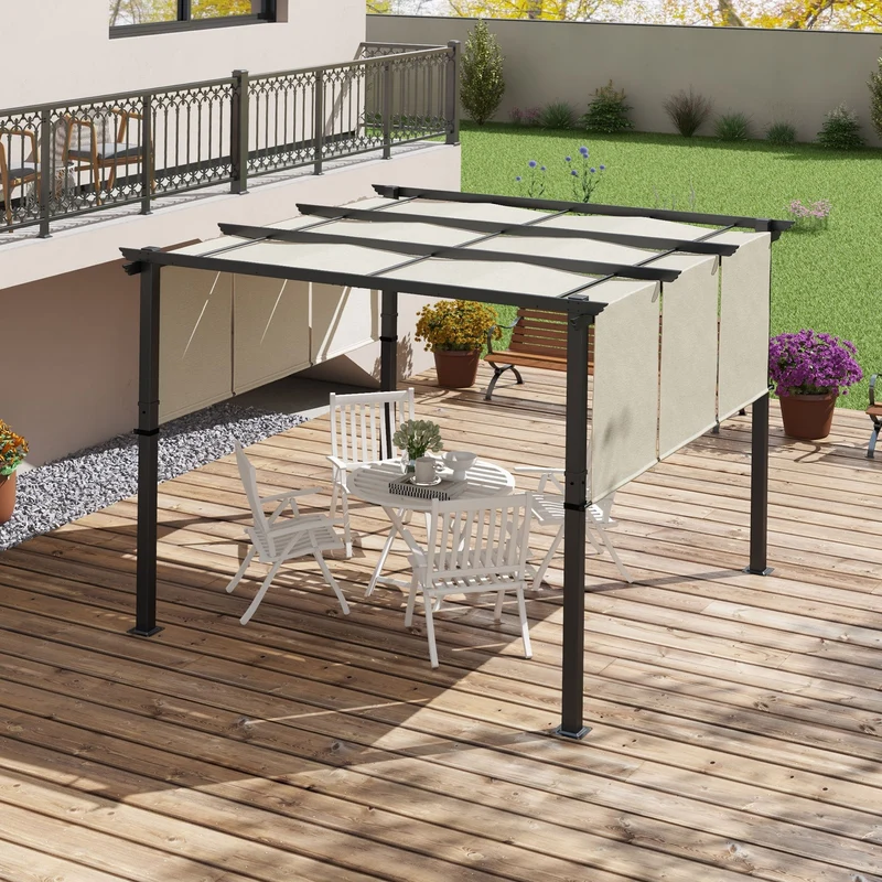 Outsunny Pérgola de Jardín 3x3 m Cenador para Exterior con Techo Retráctil Marco de Acero Impermeable y Anti-UV para Terraza Patio Beige