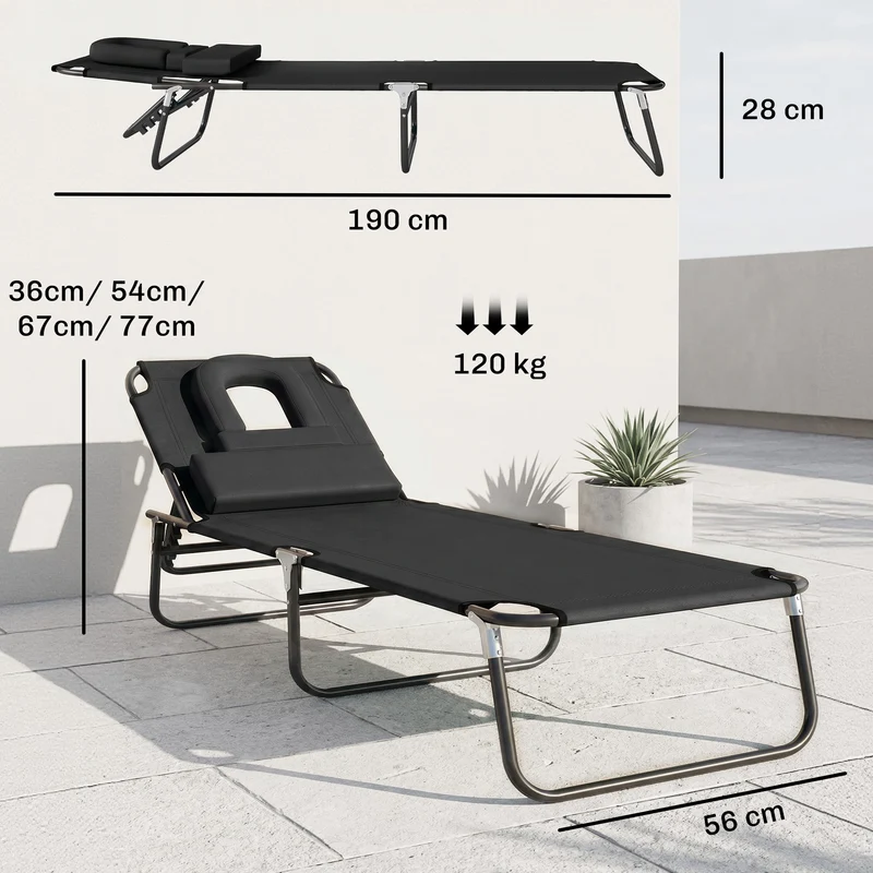 Outsunny Tumbona Plegable con Respaldo Regulable en 4 Posiciones Tumbona de Jardín con Orificio de Lectura Almohada Marco Metálico y Tela Oxford para Playa Terraza Carga 120 kg 190x56x28 cm Negro