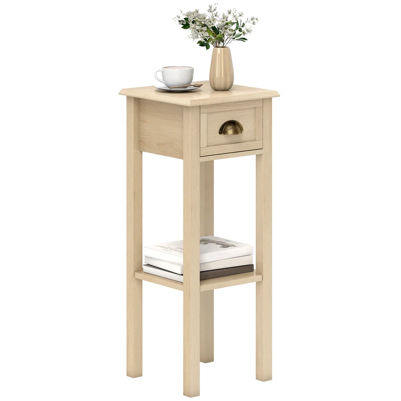 HOMCOM Mesa Auxiliar Rústica, Mesa Auxiliar para Sofá, con Cajón y Estante, Mesita de Noche para Salón, Dormitorio, 30x30x75 cm, Madera Natural