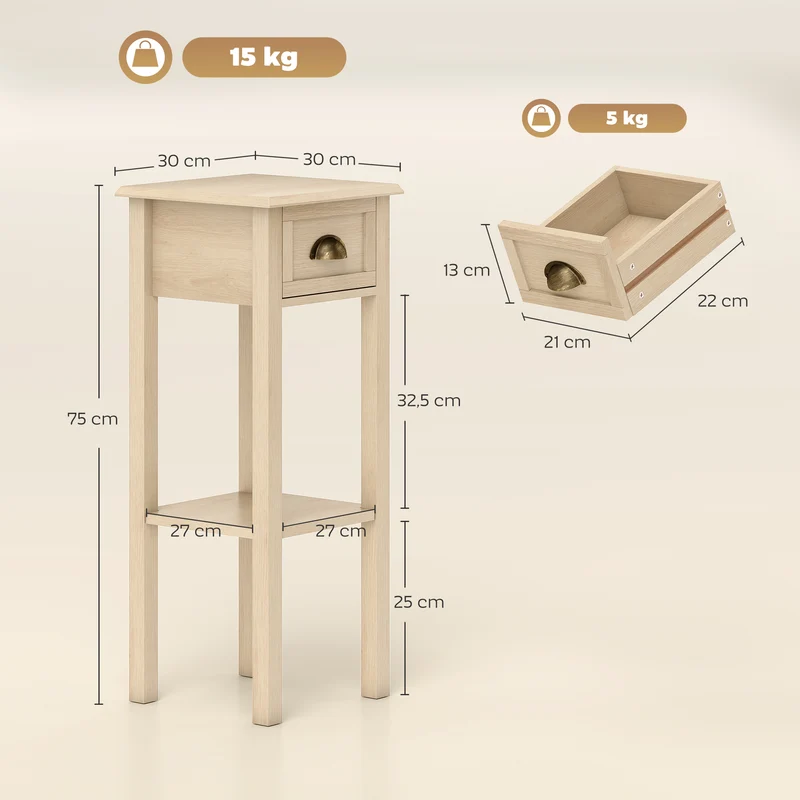 HOMCOM Mesa Auxiliar Rústica, Mesa Auxiliar para Sofá, con Cajón y Estante, Mesita de Noche para Salón, Dormitorio, 30x30x75 cm, Madera Natural