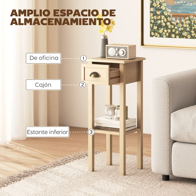 HOMCOM Mesa Auxiliar Rústica, Mesa Auxiliar para Sofá, con Cajón y Estante, Mesita de Noche para Salón, Dormitorio, 30x30x75 cm, Madera Natural