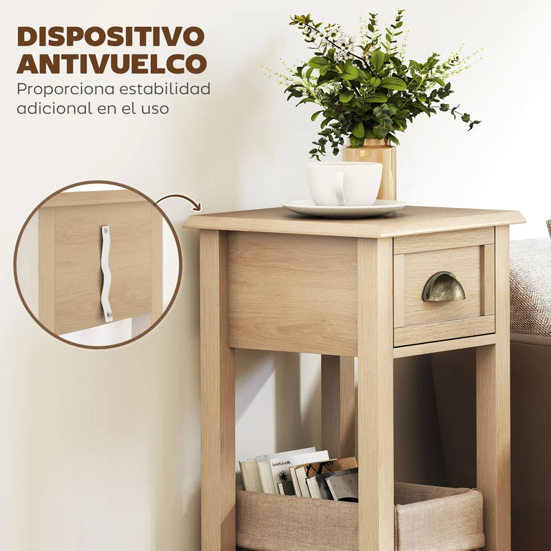 HOMCOM Mesa Auxiliar Rústica, Mesa Auxiliar para Sofá, con Cajón y Estante, Mesita de Noche para Salón, Dormitorio, 30x30x75 cm, Madera Natural