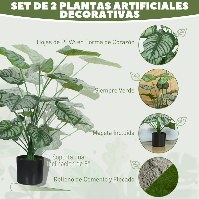 HOMCOM Conjunto de 2 Plantas Artificiales Decorativas 65 cm Plantas Artificiales con Maceta y Hojas para Interior Hogar Salón Oficina Verde