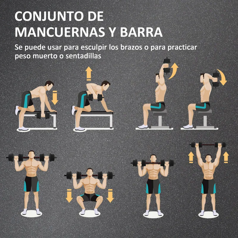 HOMCOM Juego de Mancuernas Ajustables, 2 en 1, 20kg, Juego de Pesas con Barra de Conexión y Mango Antideslizante, Pesas y Mancuernas para Hombres y Mujeres, Ejercicio de Fitness, Casa Gimnasio