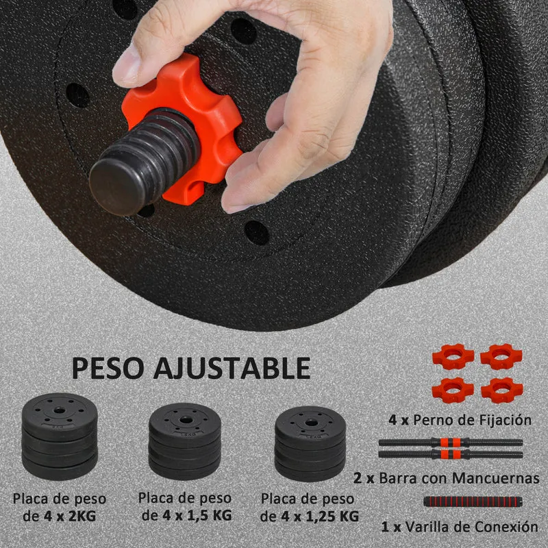HOMCOM Juego de Mancuernas Ajustables, 2 en 1, 20kg, Juego de Pesas con Barra de Conexión y Mango Antideslizante, Pesas y Mancuernas para Hombres y Mujeres, Ejercicio de Fitness, Casa Gimnasio