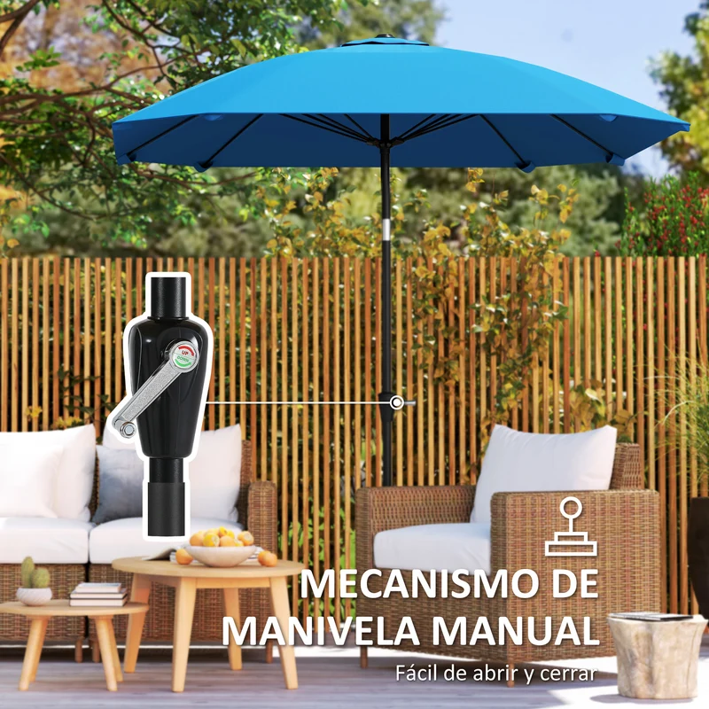 Outsunny Sombrilla Terraza Exterior 233x233 cm Sombrilla de Jardín con Ángulo Ajustable en 2 Posiciones Impermeable Poste de Aluminio Varillas de Fibra de Vidrio y Manivela Parasol para Terraza Azul