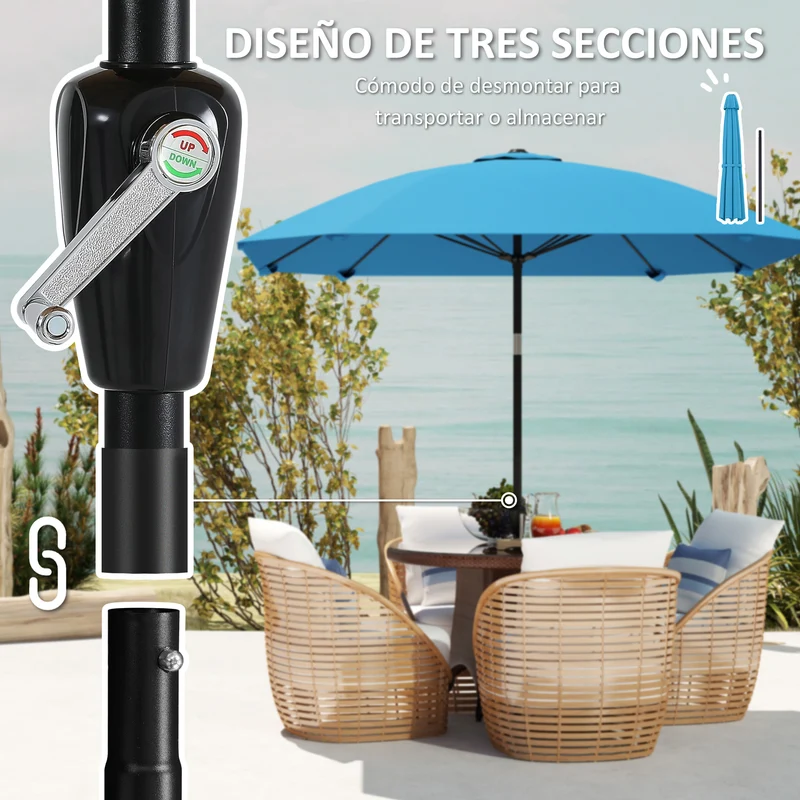 Outsunny Sombrilla Terraza Exterior 233x233 cm Sombrilla de Jardín con Ángulo Ajustable en 2 Posiciones Impermeable Poste de Aluminio Varillas de Fibra de Vidrio y Manivela Parasol para Terraza Azul