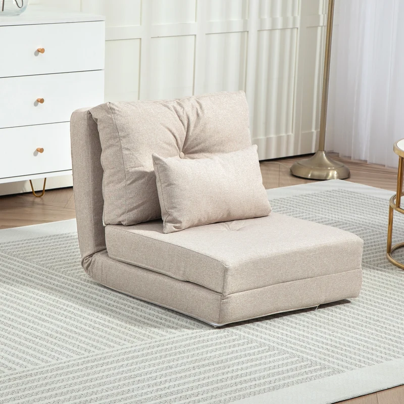 HOMCOM Sofá Cama Individual Plegable 3 en 1, Sofá Cama, Tapizado en Lino, con Respaldo Ajustable 5 Posiciones, Almohadas, Marco Metálico, para Dormitorio, Salón, Beige