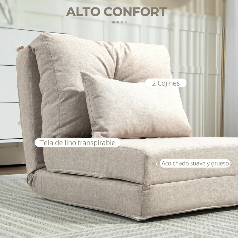 HOMCOM Sofá Cama Individual Plegable 3 en 1, Sofá Cama, Tapizado en Lino, con Respaldo Ajustable 5 Posiciones, Almohadas, Marco Metálico, para Dormitorio, Salón, Beige