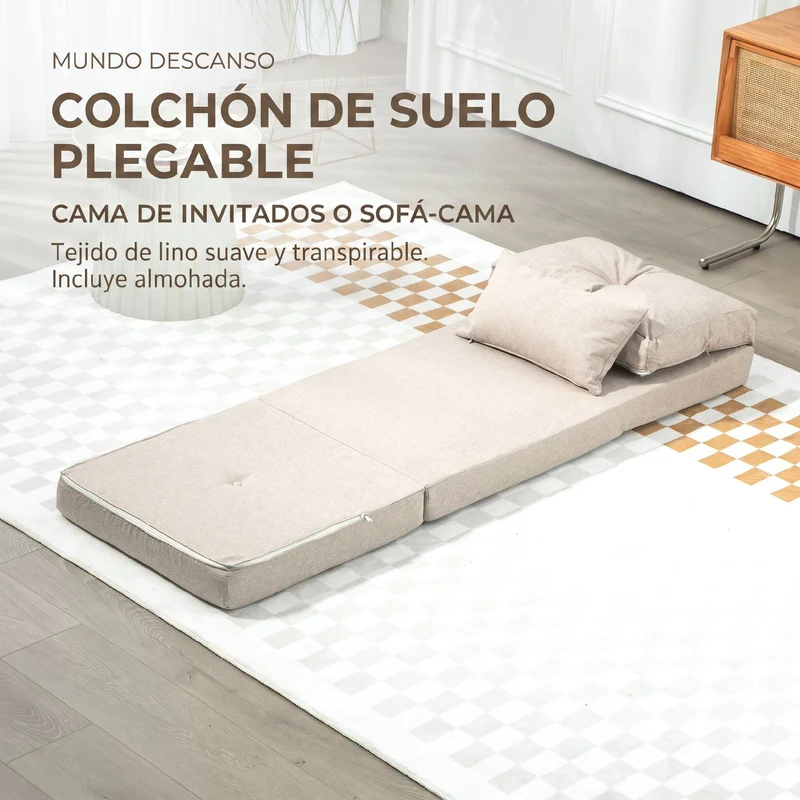HOMCOM Sofá Cama Individual Plegable 3 en 1, Sofá Cama, Tapizado en Lino, con Respaldo Ajustable 5 Posiciones, Almohadas, Marco Metálico, para Dormitorio, Salón, Beige