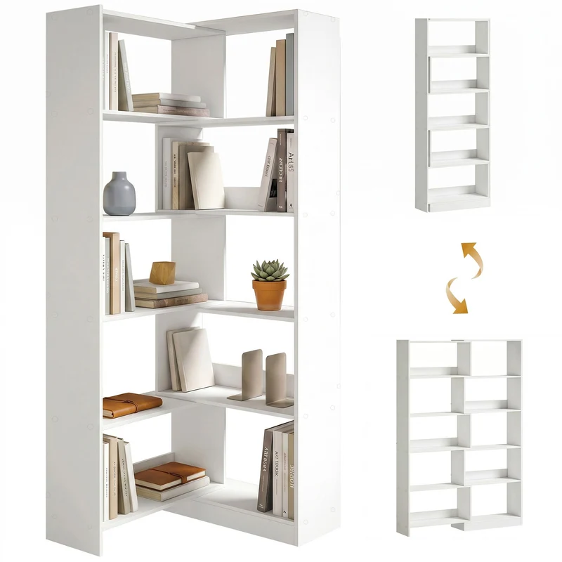 HOMCOM Estantería Expandible 5 Niveles, Librería para Libros Giratoria 350°, Ancho Ajustable, Convertible en en L, Recta o Compacta para Salón, Dormitorio, Estudio 111,5x23,8x163,7 cm Blanco