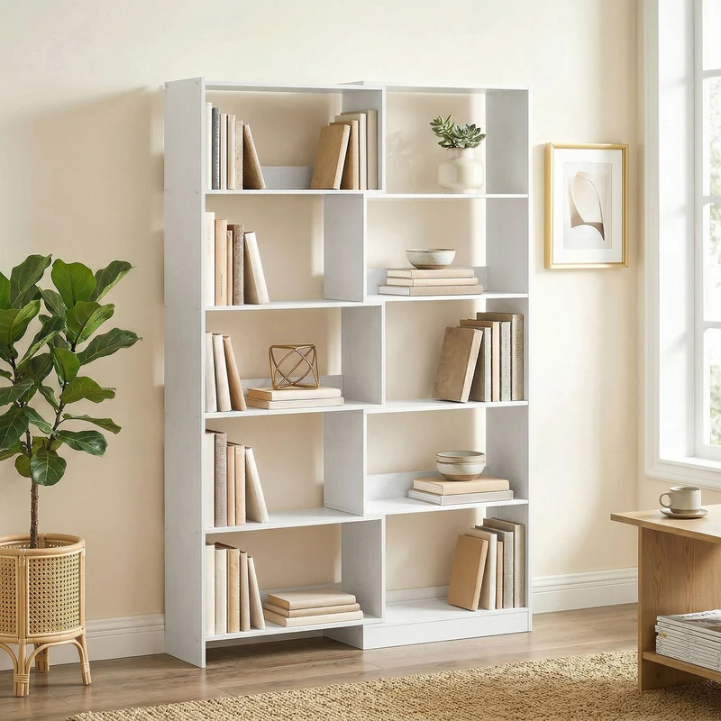 HOMCOM Estantería Expandible 5 Niveles, Librería para Libros Giratoria 350°, Ancho Ajustable, Convertible en en L, Recta o Compacta para Salón, Dormitorio, Estudio 111,5x23,8x163,7 cm Blanco