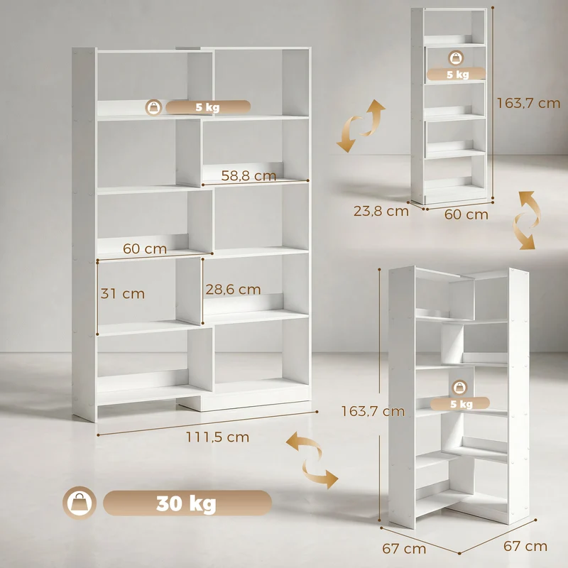 HOMCOM Estantería Expandible 5 Niveles, Librería para Libros Giratoria 350°, Ancho Ajustable, Convertible en en L, Recta o Compacta para Salón, Dormitorio, Estudio 111,5x23,8x163,7 cm Blanco