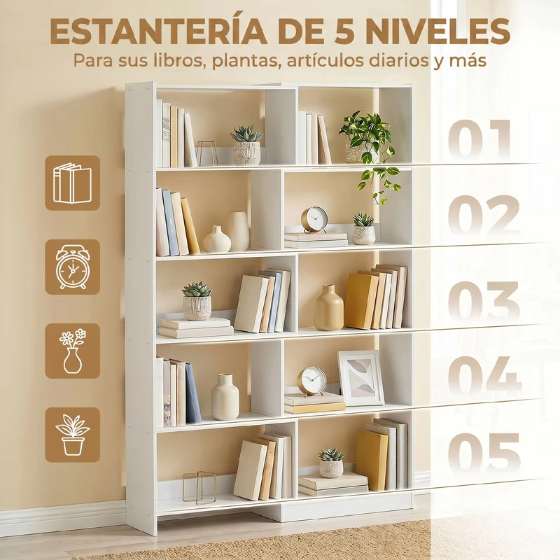 HOMCOM Estantería Expandible 5 Niveles, Librería para Libros Giratoria 350°, Ancho Ajustable, Convertible en en L, Recta o Compacta para Salón, Dormitorio, Estudio 111,5x23,8x163,7 cm Blanco